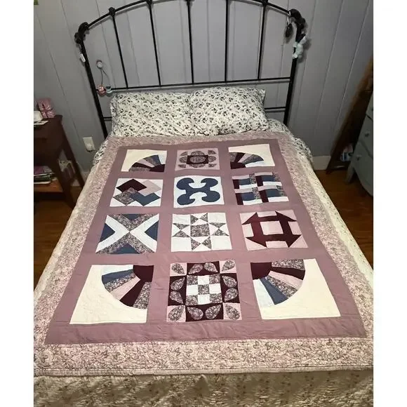 Vintage Handmade Quilt 66x52” Sampler Fan Pattern Purple Blue Coverlet Throw RV - Picture 3 of 16